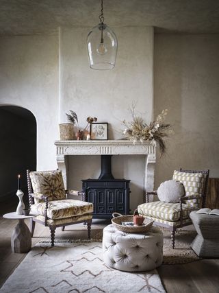 French country living room with fireplace