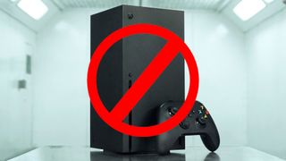 Xbox Series X covered by a no entry sign signifying blocking ads from the console