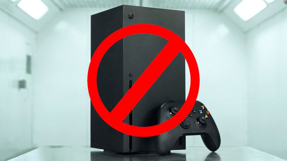 Xbox Series X covered by a no entry sign signifying blocking ads from the console