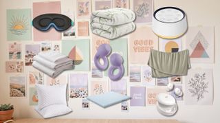 Sleep gadgets on a dorm-room background. 