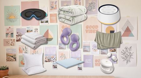 Sleep gadgets on a dorm-room background. 
