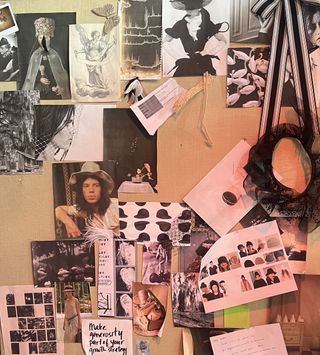 A photo of Gigi Burris's main collection mood board featuring images of Mick Jagger, vintage fashion editorials, and nature photogaphy.