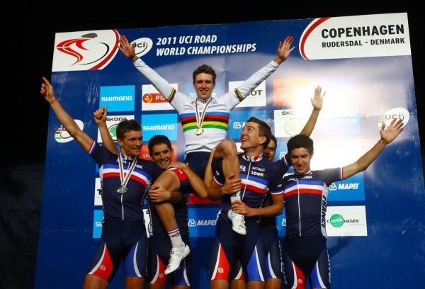 U23 road race world champion Arnaud Demare and his teammates.