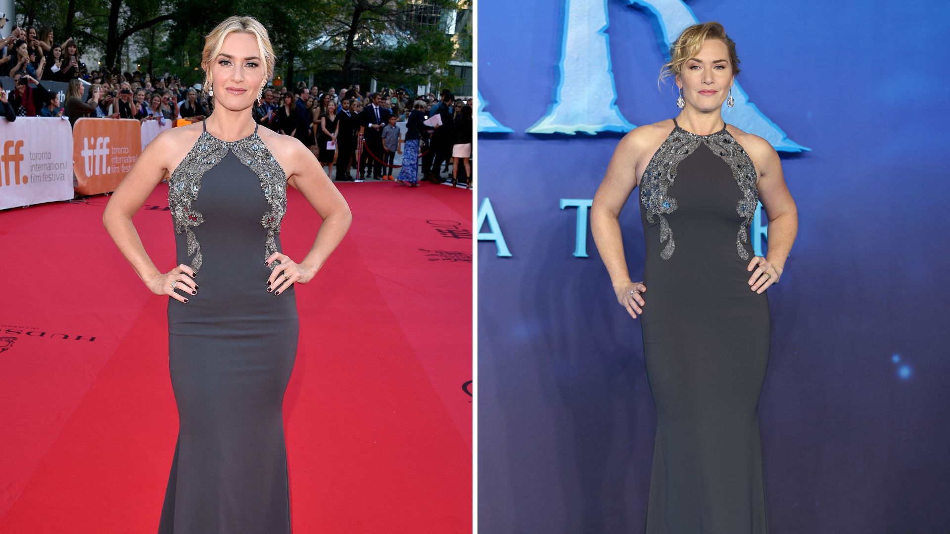L-Kate Winslet in 2015, R-Kate Winslet at the Avatar sequel. In both pictures, she wears the same dress