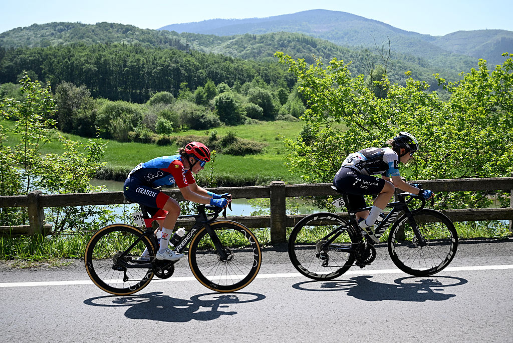 DONOSTIA SPAIN MAY 18 LR Celia Le Mouel of France and Team CERATIZIT Pro Cycling and Sara Martin of Spain and Team Movistar compete in the breakaway during the 4th Itzulia Women 2025 Stage 3 a 1129km stage from Donostia to Donostia UCIWWT on May 18 2025 in Donostia Spain Photo by Szymon GruchalskiGetty Images