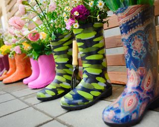 Colourful rubber wellington rain boots with bouquets of flowers in them stand in a row
