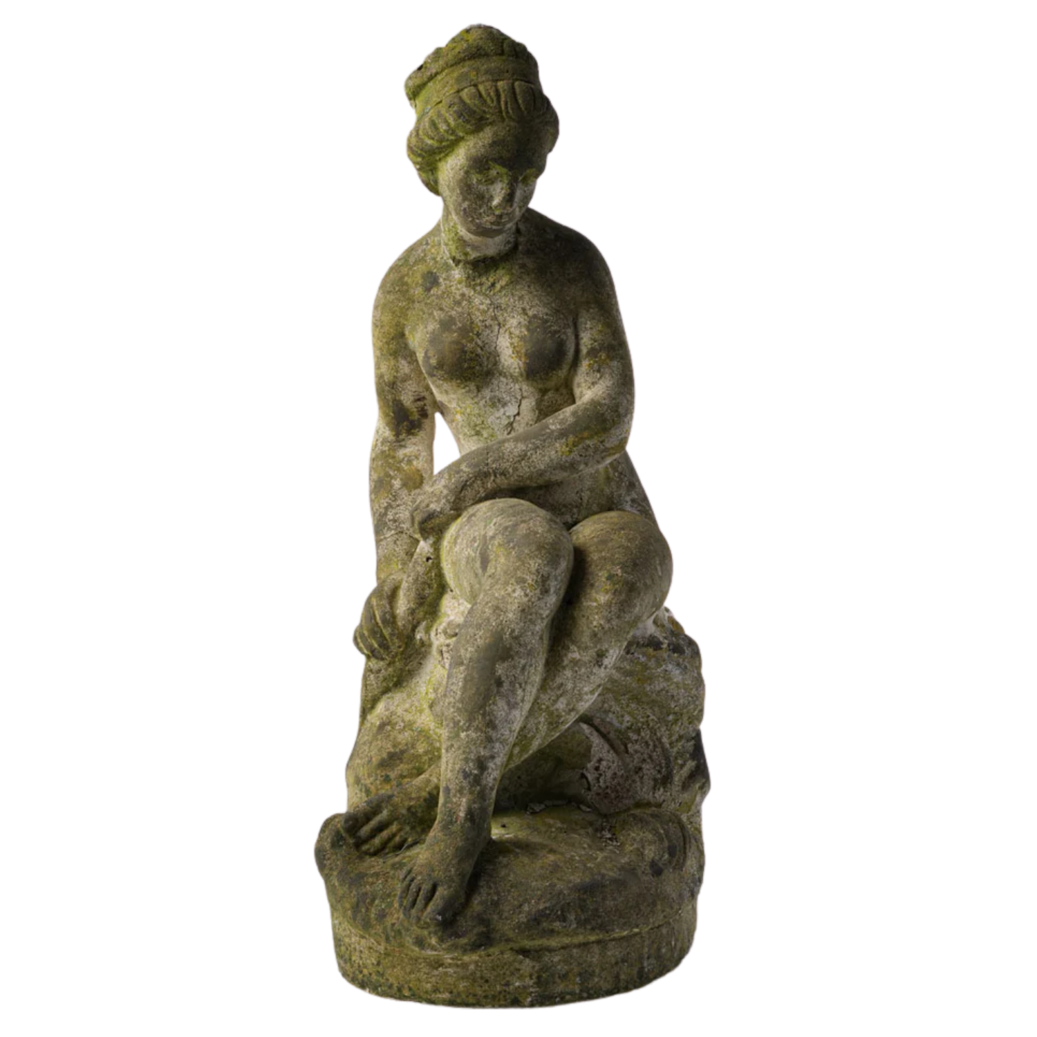 A 1950s statue of a woman with mossy patina from Chez Pluie