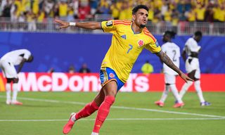 Luis Diaz of Colombia celebrates during the FIFA World Cup 2026 Round of 32 match between Colombia and Ghana. 