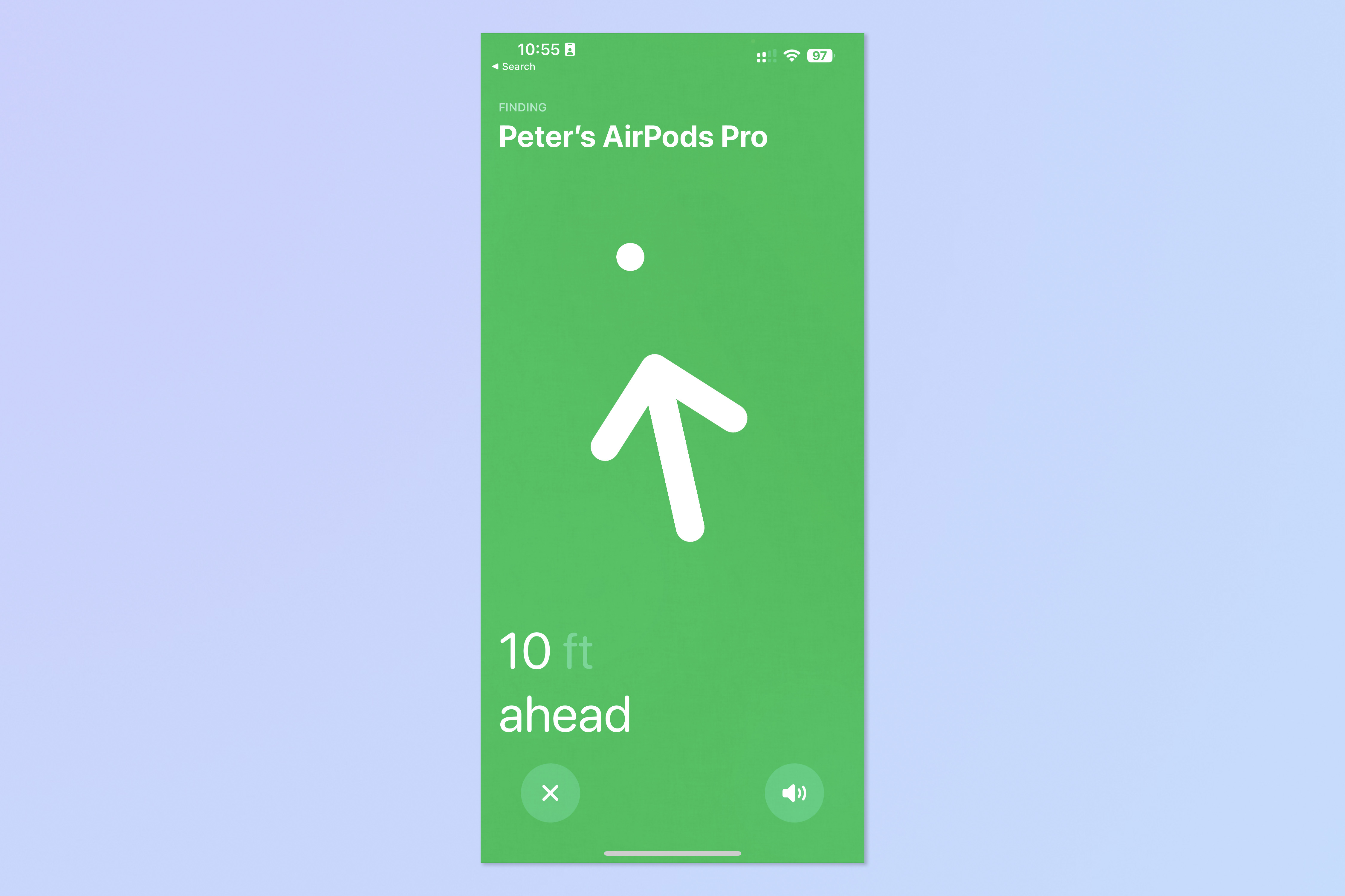 Скриншот, показывающий шаги, необходимые для использования Find My AirPods.
