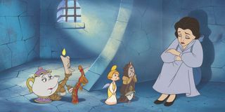 Belle kidnapped with enchanted characters in Beauty and the Beast: Enchanted Christmas