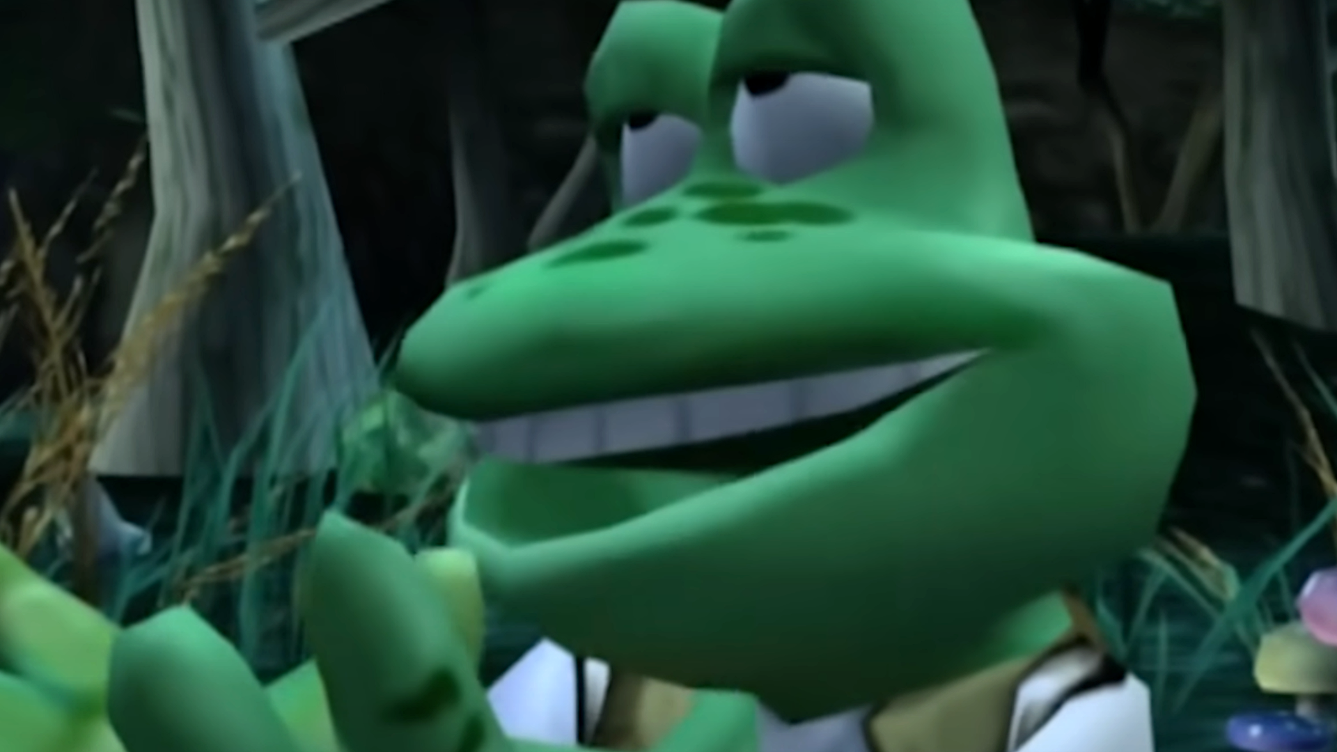 An image of Frogger from Frogger: The Great Quest looking suspect, his eyes rolled into the back of his head, as if he were to speak tongues.