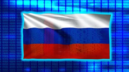 The Russian flag, overlaid on a glowing blue digital image of binary code.