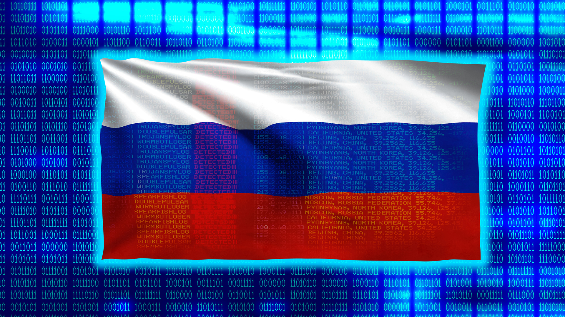 The Russian flag, overlaid on a glowing blue digital image of binary code.