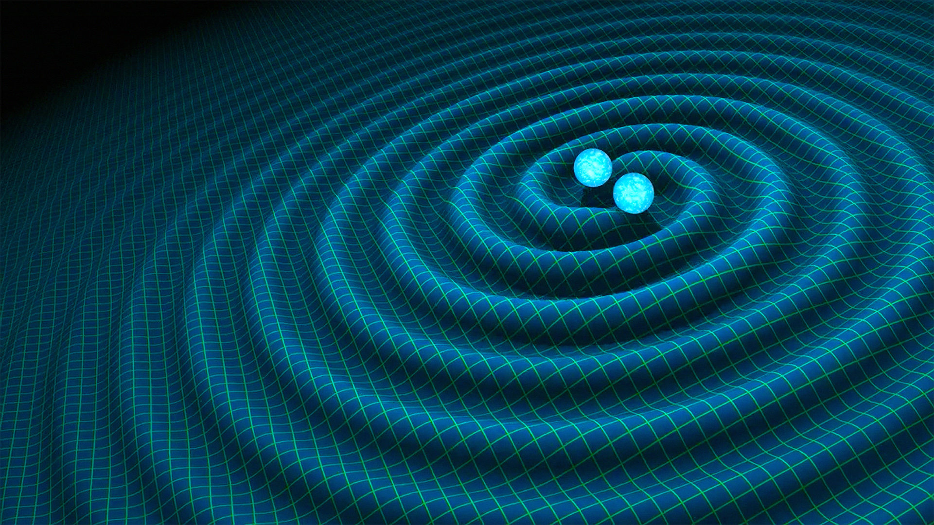 A blue spiral with two light blue spheres facing each other at its heart