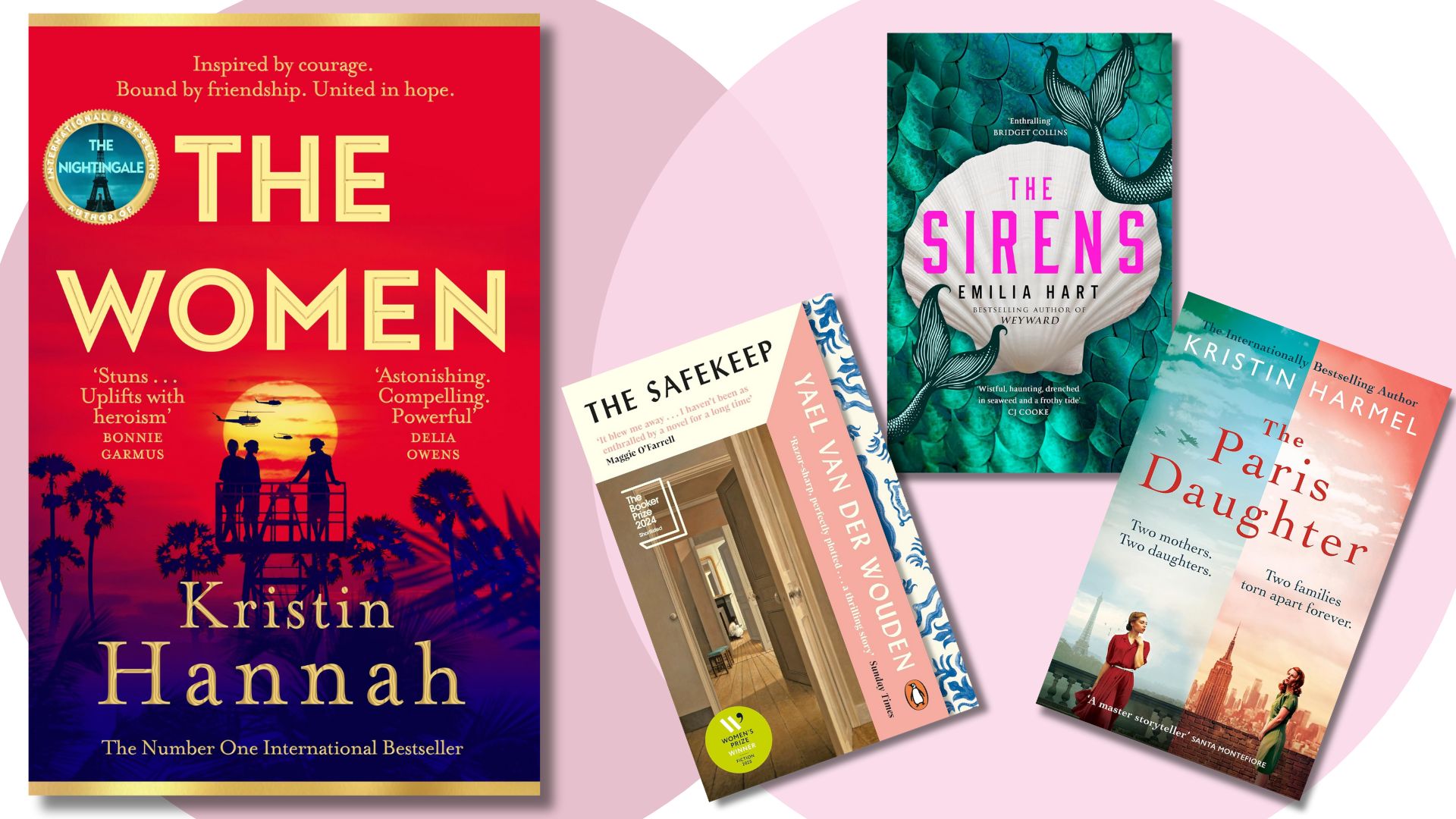 A composite image shows the front covers of books The Women, The Safekeep, The Sirens and The Paris Daughter