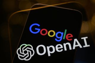 Big tech AI: Google and OpenAI logos appearing on the same screen at different angles, denoting collaboration on a matter