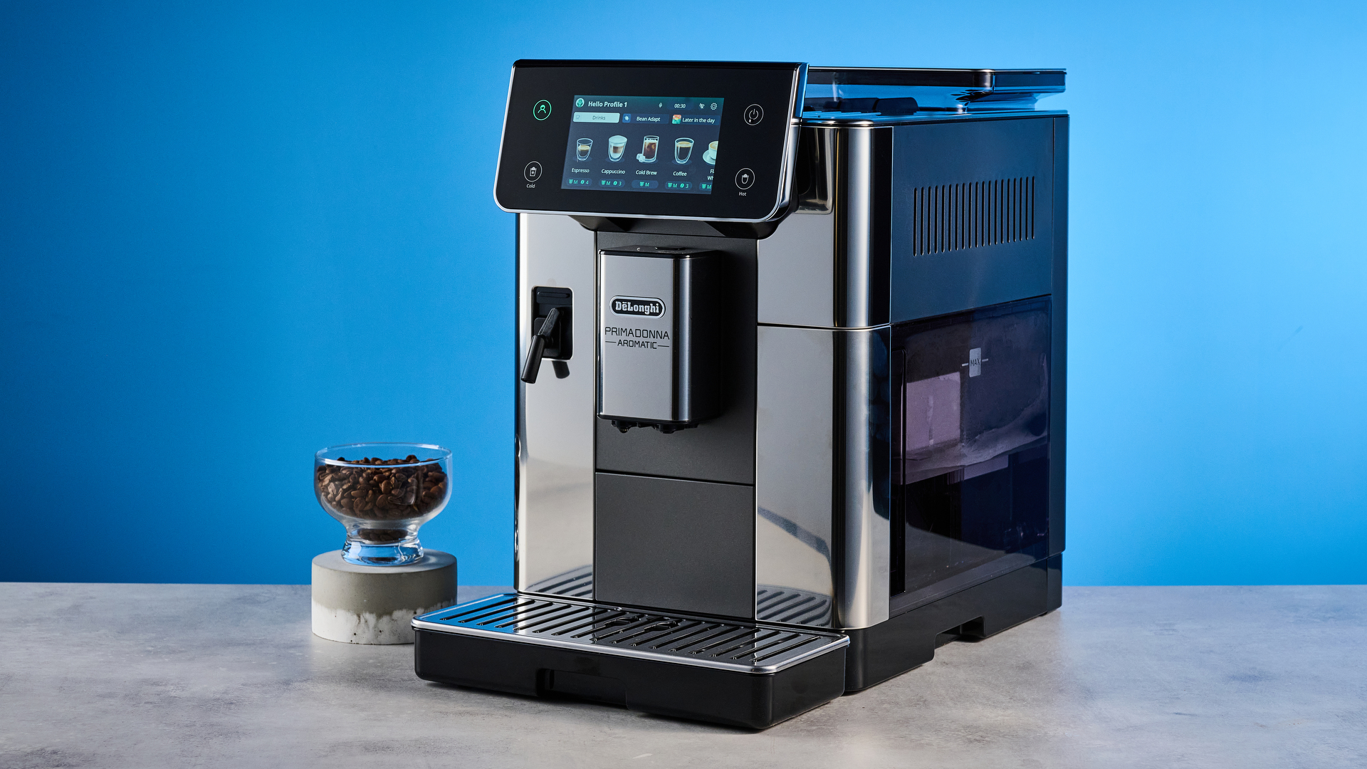 the de'longhi primadonna aromatic photographed against the blue tom's guide background