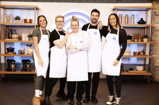 A group shot of the contestants from the first heat of Celebrity MasterChef 2024, standing in the MasterChef kitchen. From left to right: Charlotte Crosby, Ian 'H' Watkins, Edith Bowman, Craig Doyle, Snoochie Shy