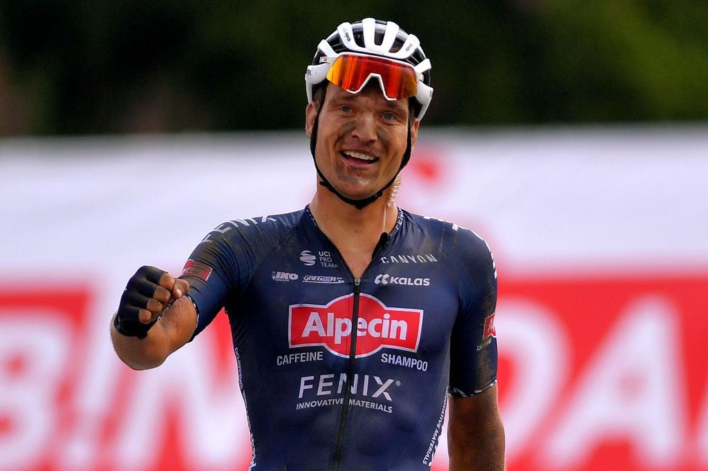 DIEST BELGIUM AUGUST 15 Arrival Jonas Rickaert of Belgium and Team AlpecinFenix Celebration Dust during the 17th Dwars door het Hageland 2020 a 187km race from Aarschot to Diest DwarsdhHageland DDHH20 on August 15 2020 in Diest Belgium Photo by Luc ClaessenGetty Images