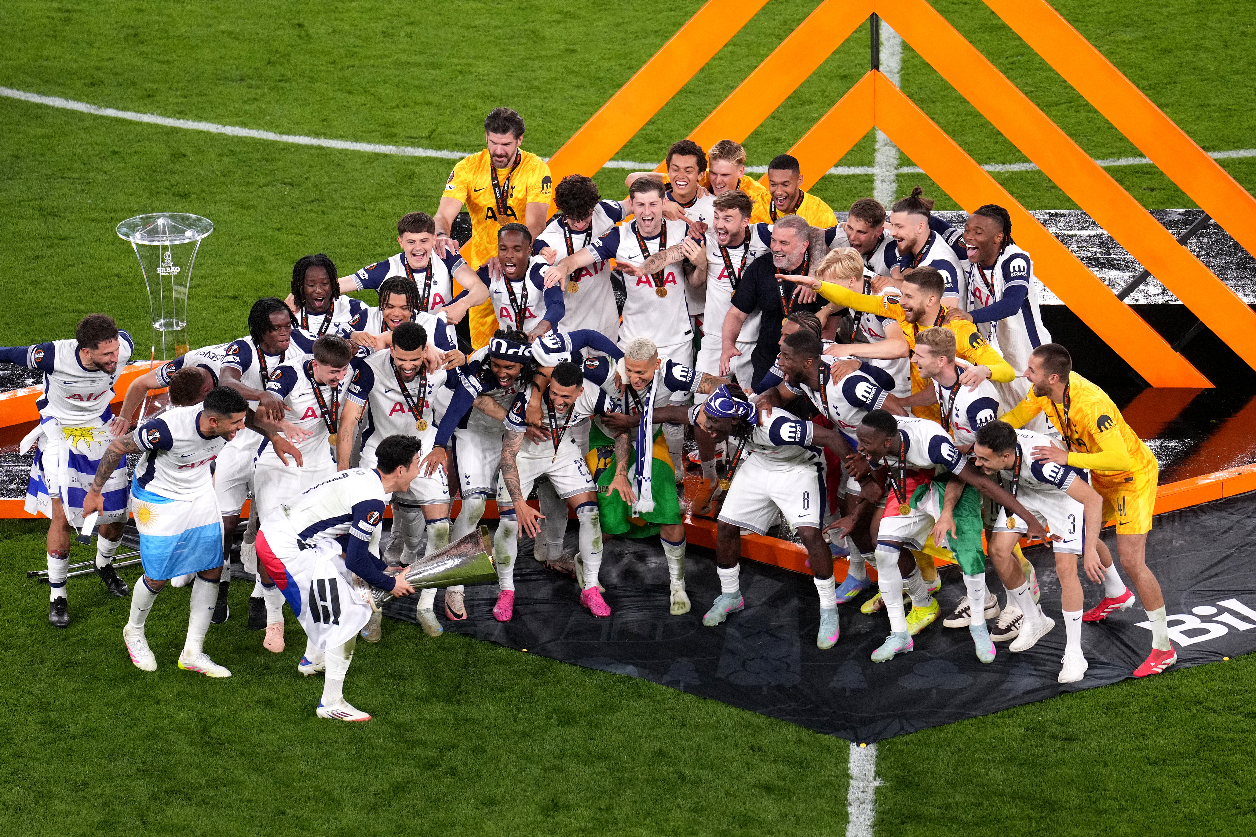 Tottenham celebrate their Europa League success after beating Manchester United in Bilbao