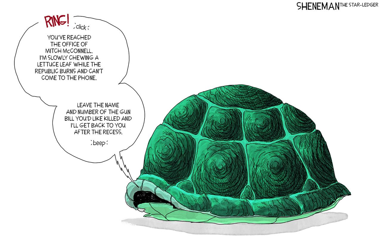 Political Cartoon Mitch McConnell Turtle Shell Answering Machine Gun Bill