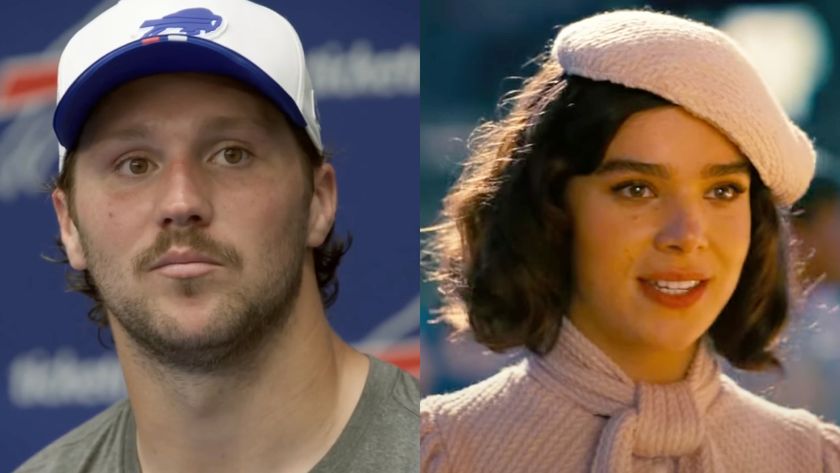 Josh Allen and Hailee Steinfeld in a side-by-side photo.