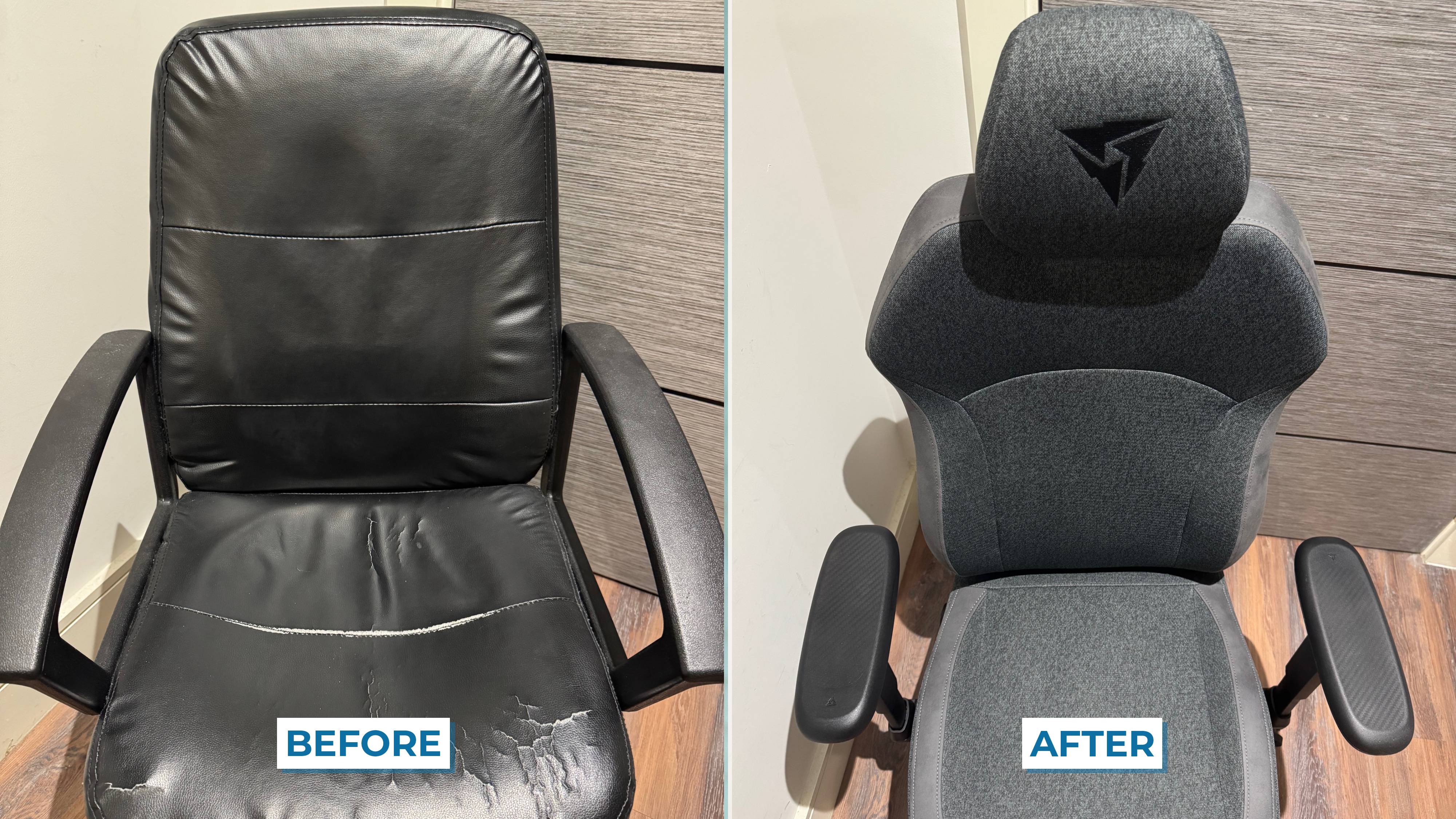 Split image showing the authors old $50 desk chair and the TX3 Solo 360 Gaming Chair