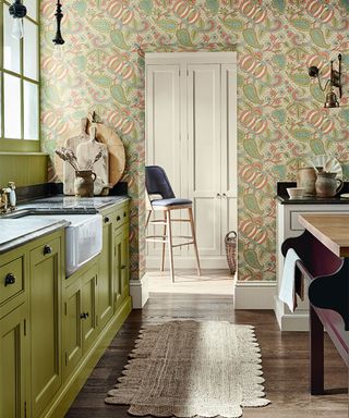 Kitchen wall decor with green wallpaper and painted cabinets