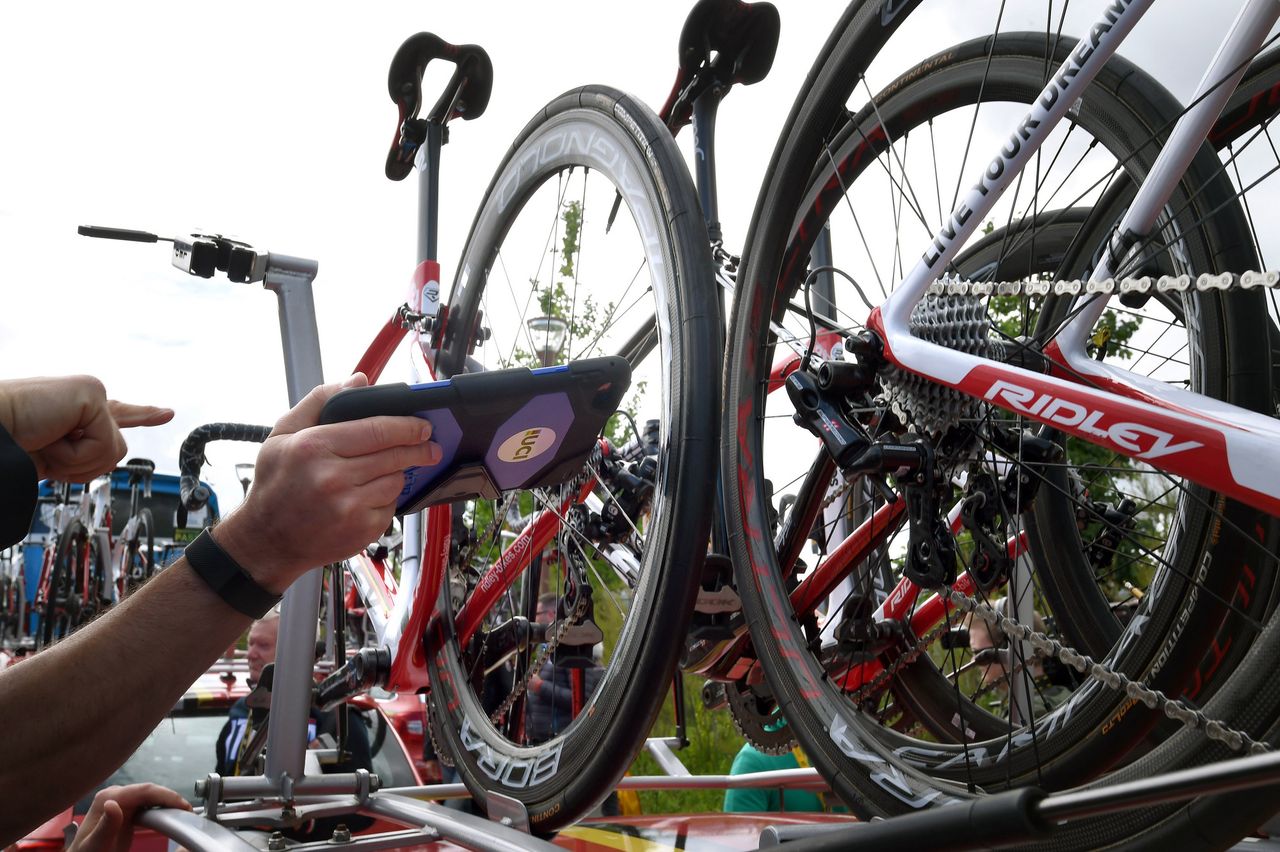 The UCI uses its magnetic resonance tablet to check for motors at the Tour de France