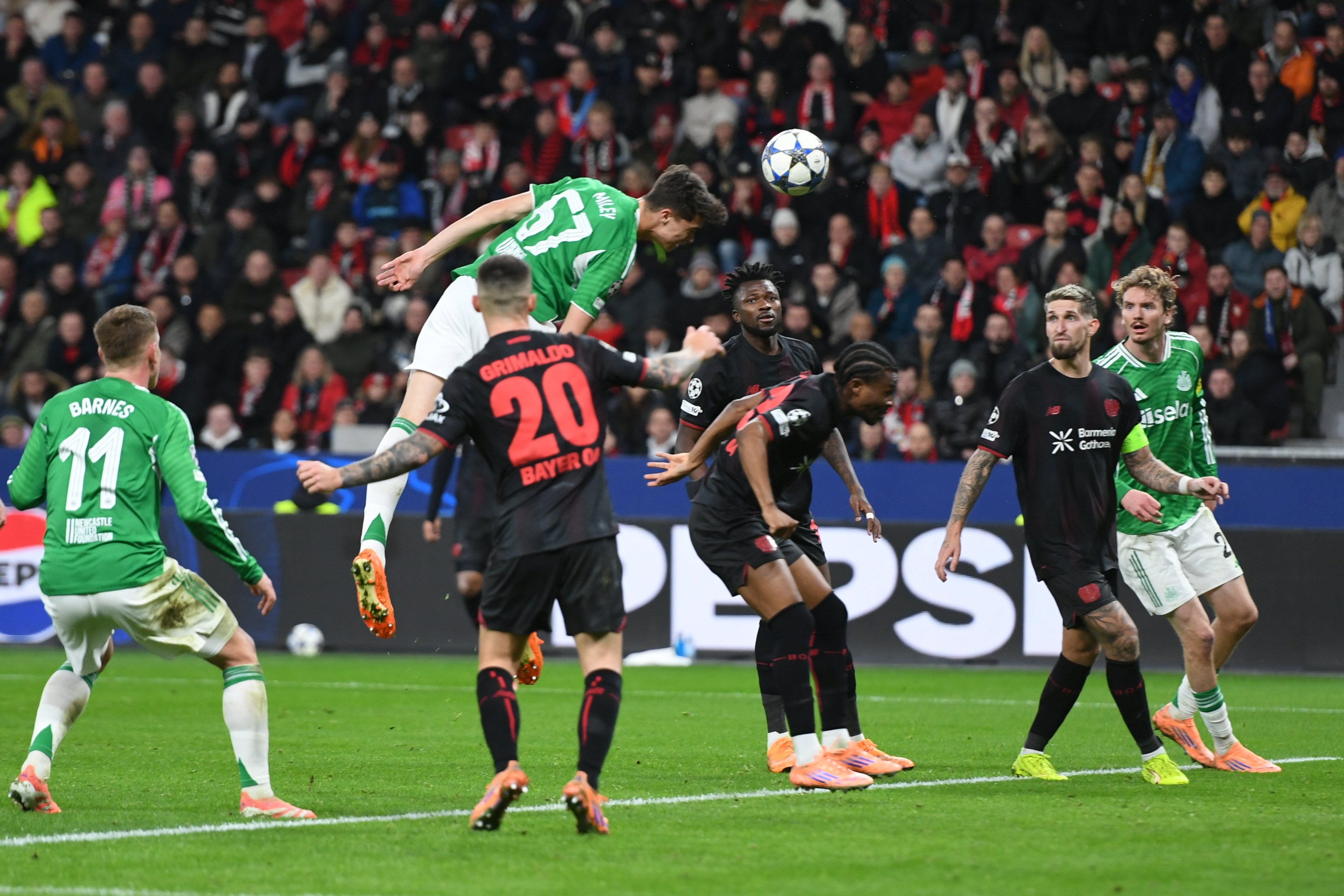 LEVERKUSEN, GERMANY - DECEMBER 10: Lewis Miley of Newcastle United in action during the UEFA Champions League match between Bayer 04 Leverkusen and Newcastle United FC at BayArena on December 10, 2025 in Leverkusen, Germany. (Photo by Hesham Elsherif/Anadolu via Getty Images)