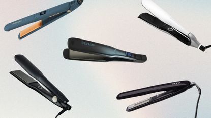 Collage of five pairs of the best straighteners for thick hair from (left to right) mdlondon, ghd, Revamp, KEEO and ghd, set against a pastel pink, blue and cream ombre style background