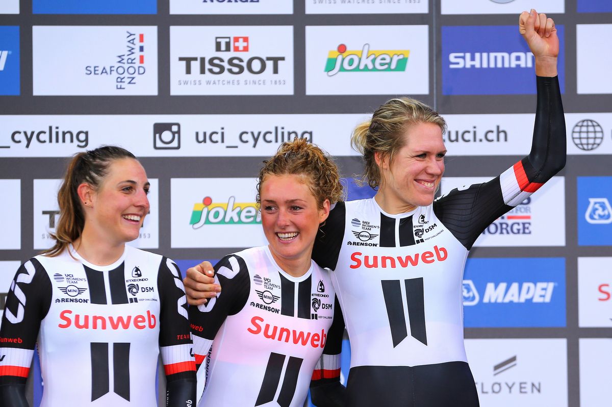 Lucinda Brand, Floortje and Ellen van Dijk celebrate on the podium