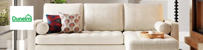 Dunelm logo placed over a wide image of a cream sofa in natural lighting