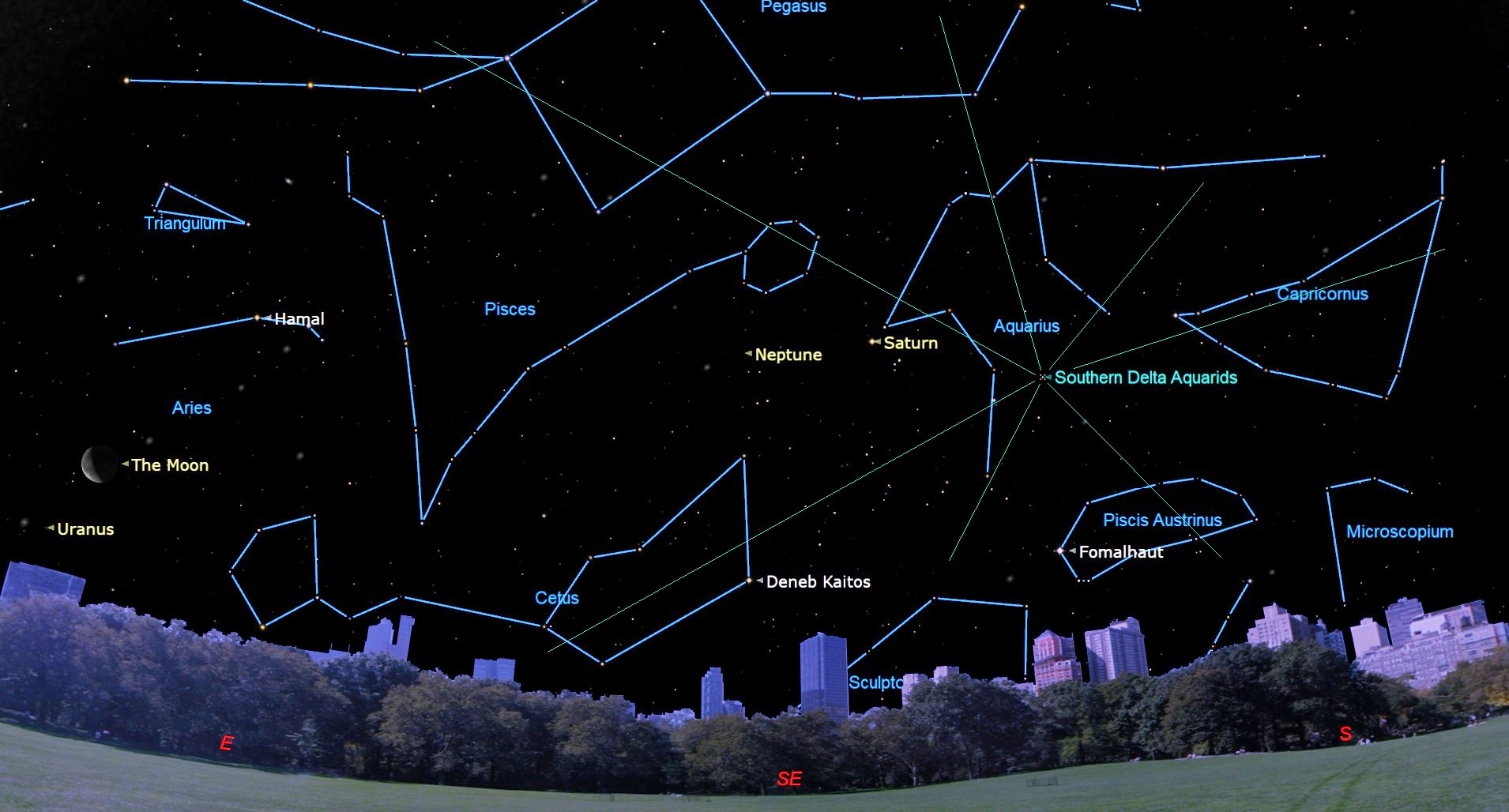 Un cielo negro abierto lleno de estrellas sobre un horizonte bajo de árboles urbanos frente a edificios de gran altura que muestran finas líneas azules que conectan las estrellas para mostrar las constelaciones.