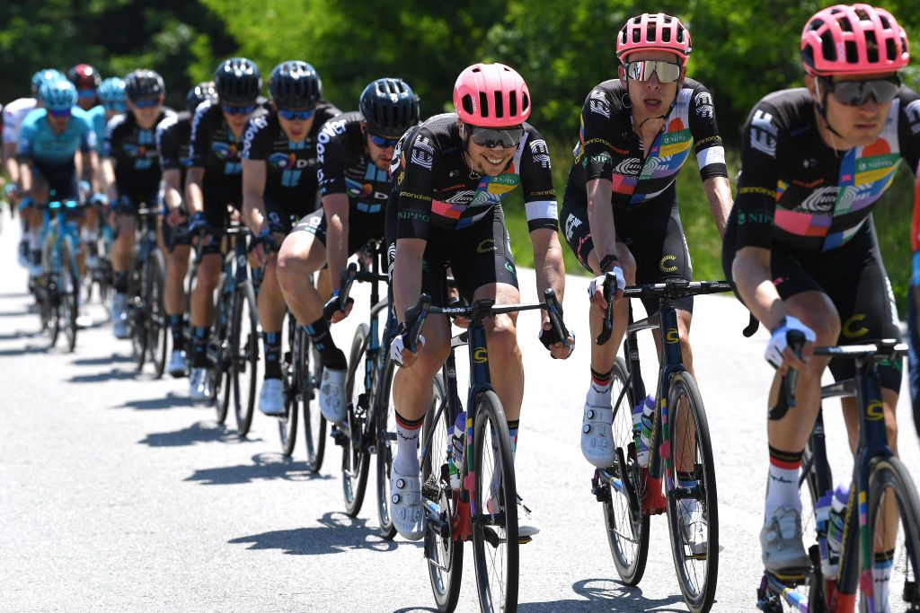 ALPE DI MERA VALSESIA ITALY MAY 28 Jens Keukeleire of Belgium Hugh Carthy of United Kingdom and Team EF Education Nippo during the 104th Giro dItalia 2021 Stage 19 a 166km stage from Abbiategrasso to Alpe di Mera Valsesia 1531m Stage modified due to the tragic events on May the 23rd 2021 that involved the Mottarone Cableway UCIworldtour girodiitalia Giro on May 28 2021 in Alpe di Mera Valsesia Italy Photo by Tim de WaeleGetty Images