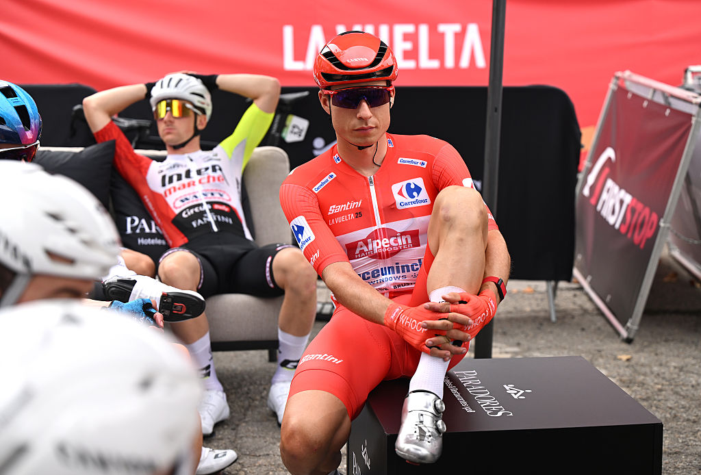 Stage 2 of the 2025 Vuelta a Espana: Jasper Philipsen sitting down before the stage