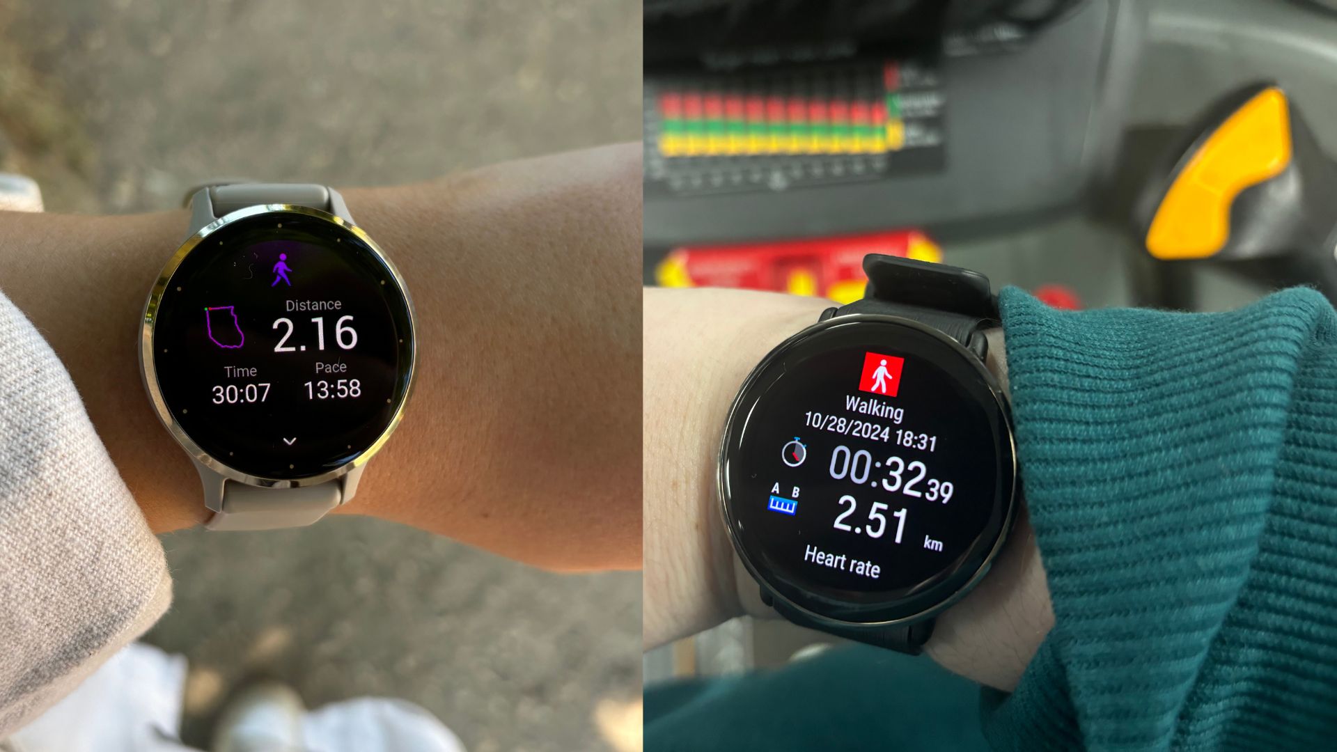 Ciara McGinley na sobě Polar Ignite 3 během koláže tréninku chůze s Garmin Venu 3