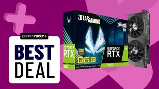 Zotac RTX 3050 best deal image with gamesradar pink background