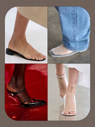 a collage of details images of shoes on the spring/summer 2025 runways