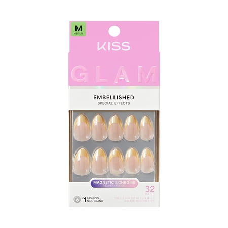 Kiss Glam Embellished Press on Nails Almond, &amp;lsquo;always Glowing&amp;rsquo;, Yellow, Medium, 32 Count