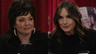 From left to right: Melissa McCarthy looking happy and Mariska Hargitay smiling on Law and Order: SVU. 