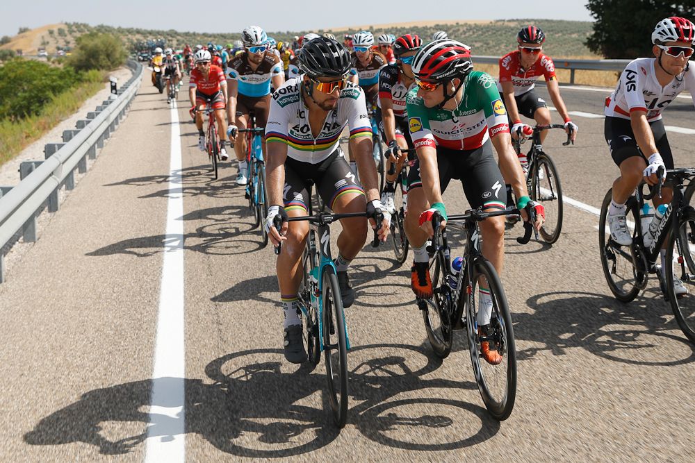 Peter Sagan chats with Elia Viviani during stage 8 at la Vuelta