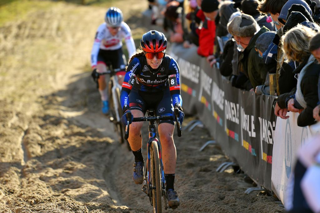 KOKSIJDE BELGIUM NOVEMBER 21 Shirin Van Anrooij of Netherlands and Team Baloise Trek Lions competes during the 50th Koksijde UCI CycloCross Worldcup 2021 Womens Elite CXWorldCup on November 21 2021 in Koksijde Belgium Photo by Luc ClaessenGetty Images