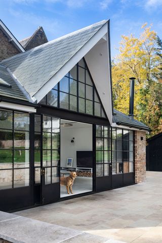 exterior of modern extension with steel framed windows