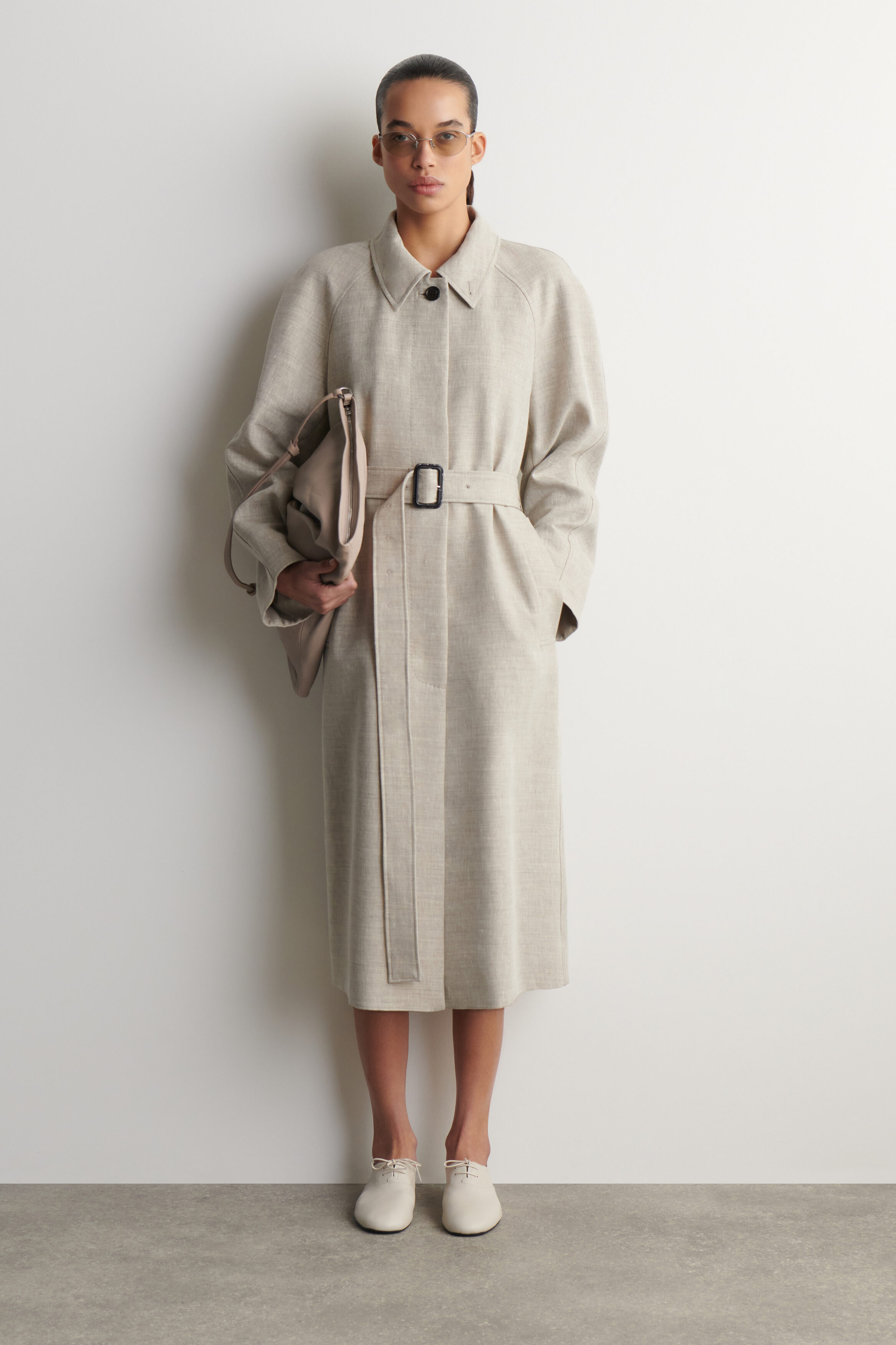 Linen-Wool Long Trench Coat