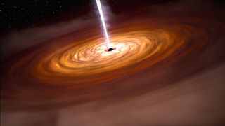 An artist's impression of the central engine of a quasar — the accretion disk around a supermassive black hole, and the jet of particles being blasted out at nearly the speed of light. 