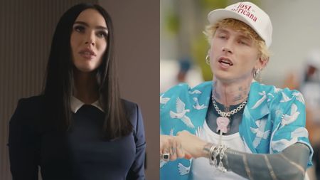 Alice (Megan Fox) speaks to her owner in Subservience, while MGK performs in the music video for "passport."