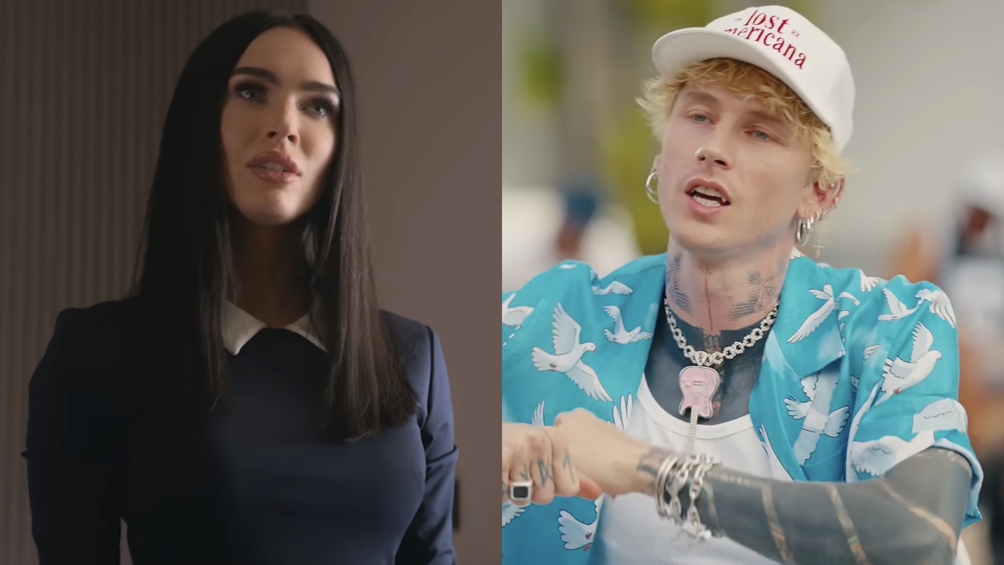 Alice (Megan Fox) speaks to her owner in Subservience, while MGK performs in the music video for "passport."