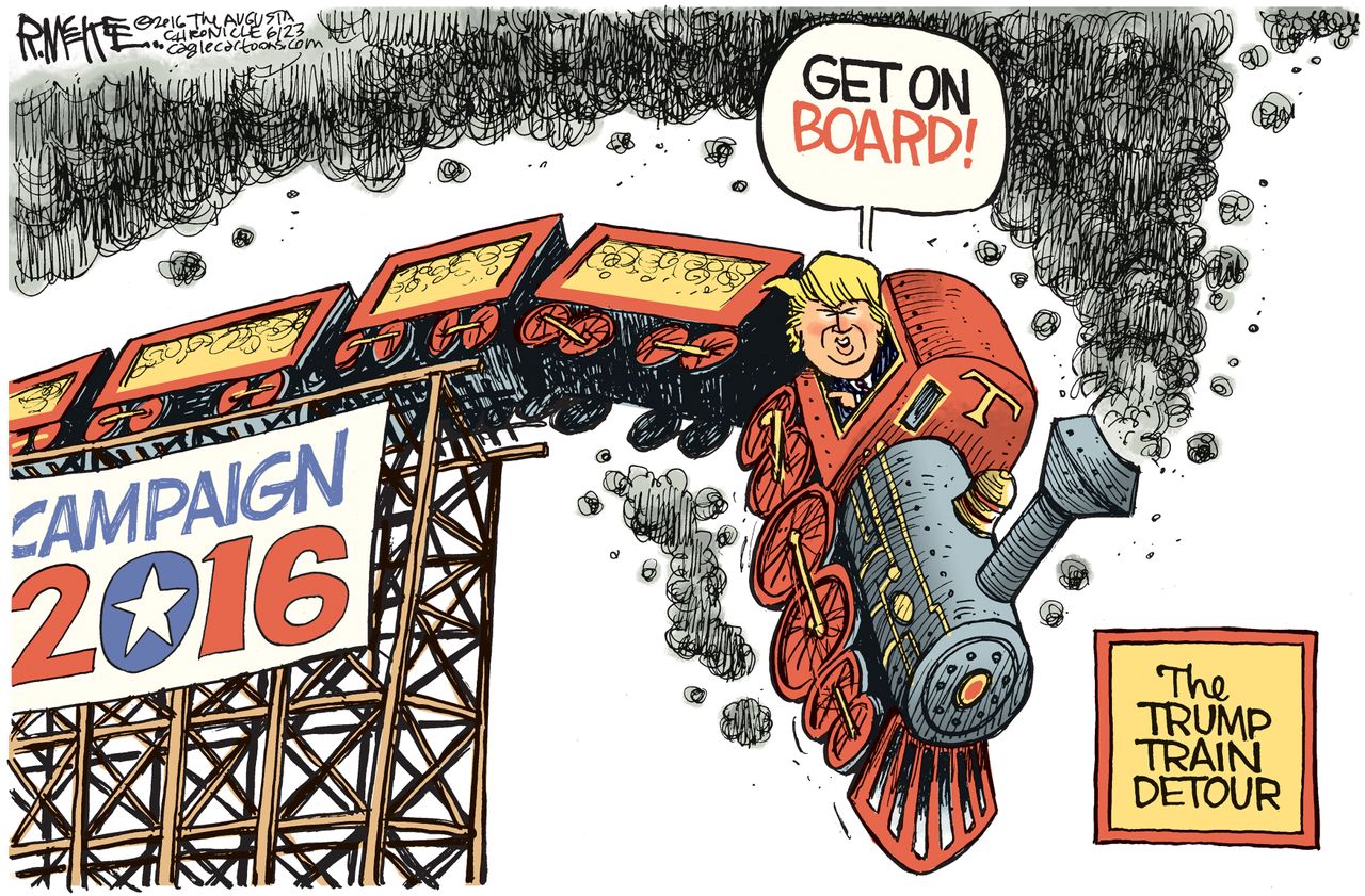 Political cartoon U.S. Trump train detour campaign