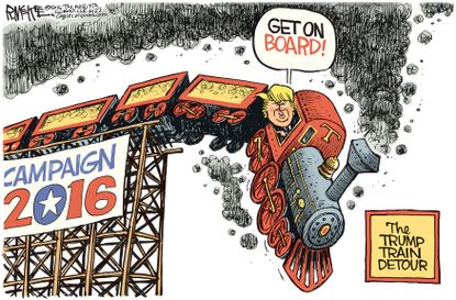 Political cartoon U.S. Trump train detour campaign